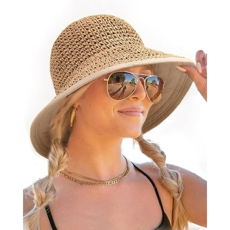Summer Straw Beach Sun Hats for Women UPF 50 Floppy Wide Brim Travel Bucket Hat Foldable Packable